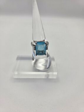 Silver Aquamarine Blue Topaz Emerald Cut Ring Size 6